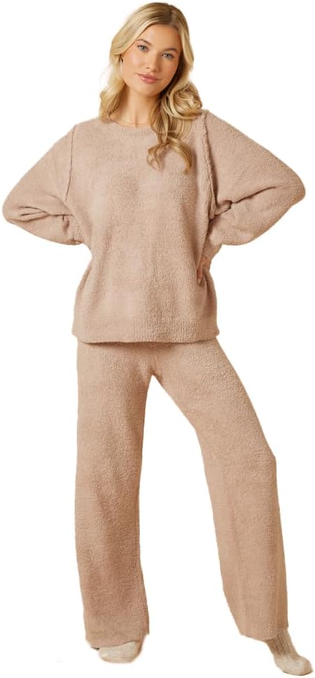 Luvamia Marshmallow Reverse Seam Crew Neck Lounge Set for Women Ultra Soft 2 Piece Loungewear with Bracelet Sleeve Top small